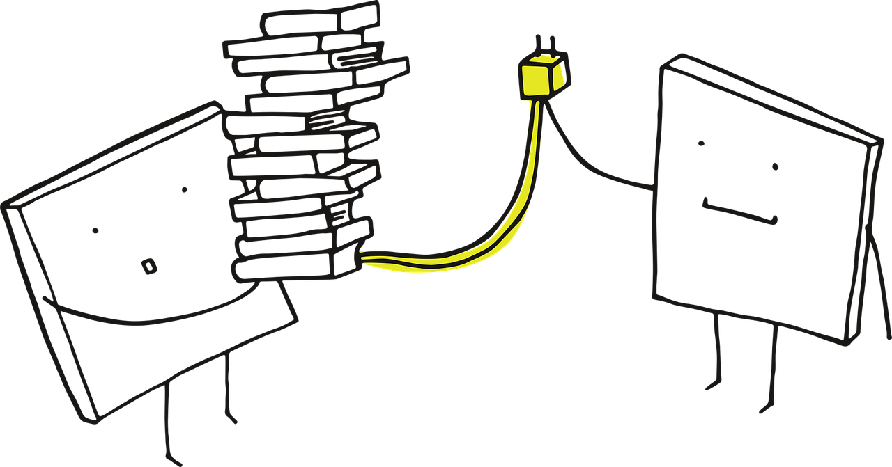 a drawing of a stack of books connected to a computer, inspired by Michael Deforge, yellow lanterns, on a black wall, banana, !!! very coherent!!! vector art