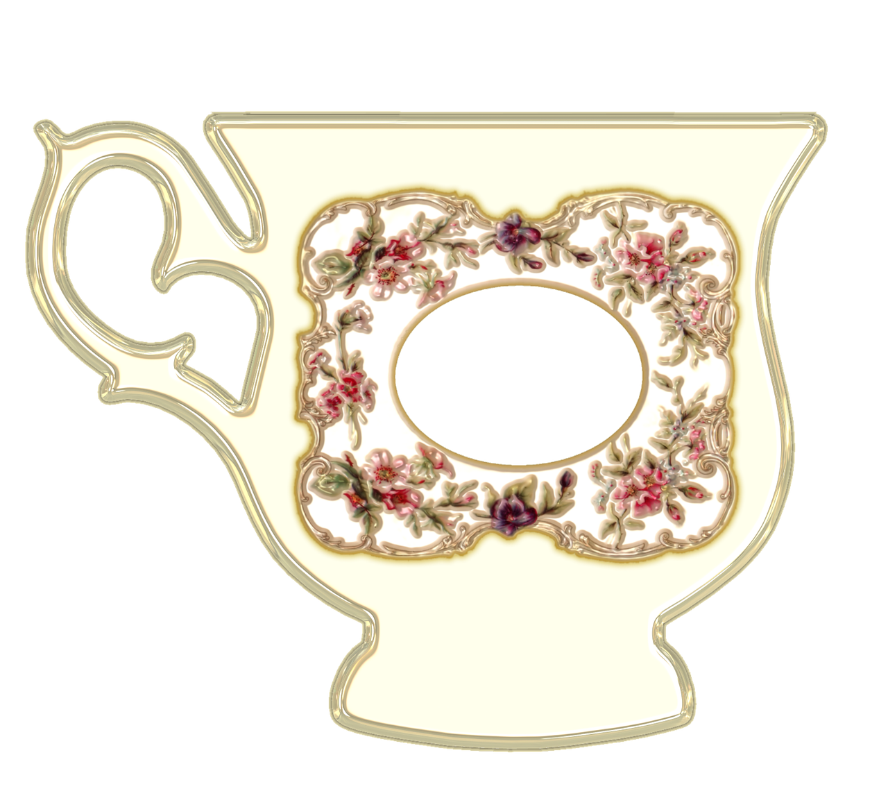 a close up of a vase with flowers on it, a digital rendering, inspired by Margaret Brundage, baroque, tea cup, baroque frame border, cutout, short spout