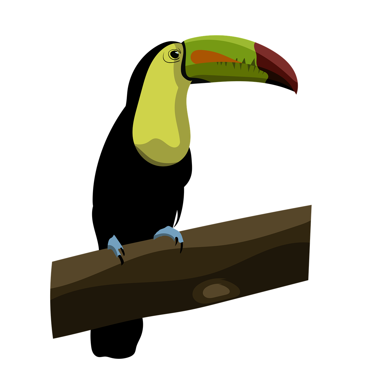 a toucan sitting on top of a tree branch, an illustration of, inspired by Melchior d'Hondecoeter, conceptual art, wikihow illustration, on a flat color black background, with a wooden stuff, worm
