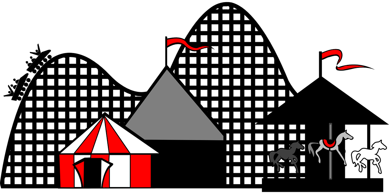 a circus tent with horses in front of it, inspired by Jodorowsky, pixabay contest winner, optical illusion, black backround. inkscape, pyramids in background, red and grey only, location of a dark old house