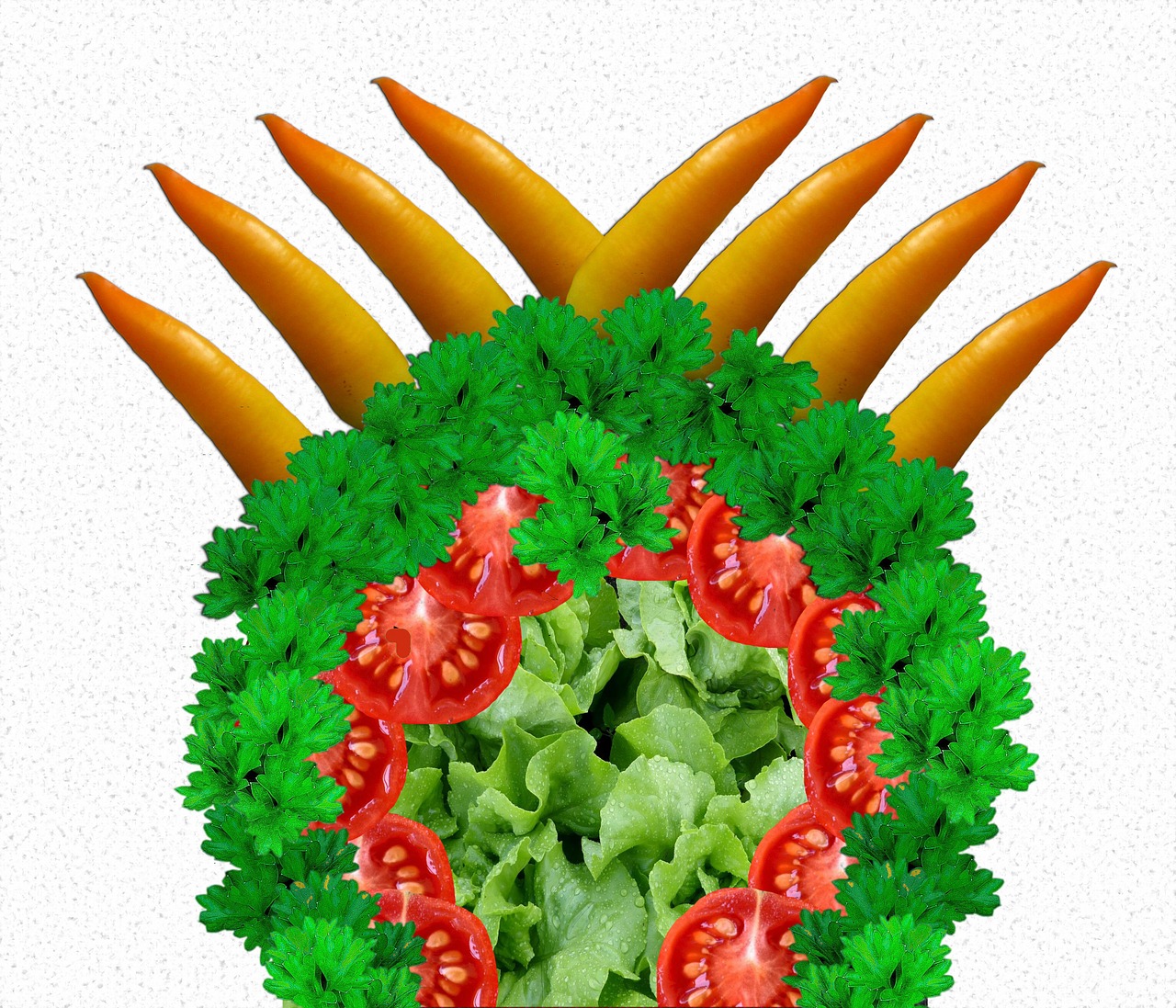 a vegetable wreath made out of carrots and lettuce, a digital rendering, inspired by Arcimboldo, renaissance, with trident and crown, closeup of arms, pepper, very sharp photo