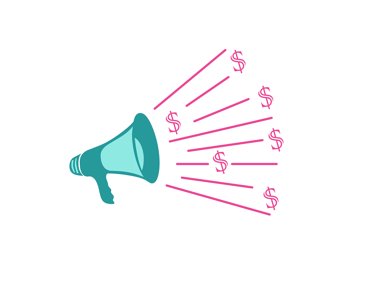 a bullhorn with dollar signs coming out of it, an illustration of, flat color, ladies, marketing illustration, object spotlight