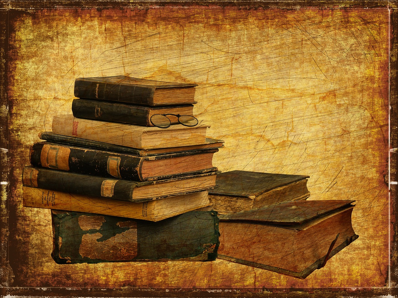 a pile of books sitting on top of each other, a portrait, by Maksimilijan Vanka, trending on pixabay, renaissance, textured parchment background, isaac asimov ”, aged photo, group photo