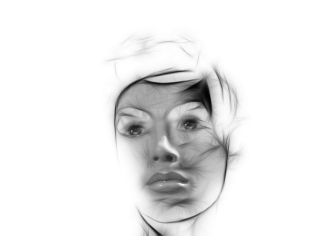 a black and white photo of a woman's face, digital art, digital art, high - key, 3d render digital art, veiled face, drawing faces