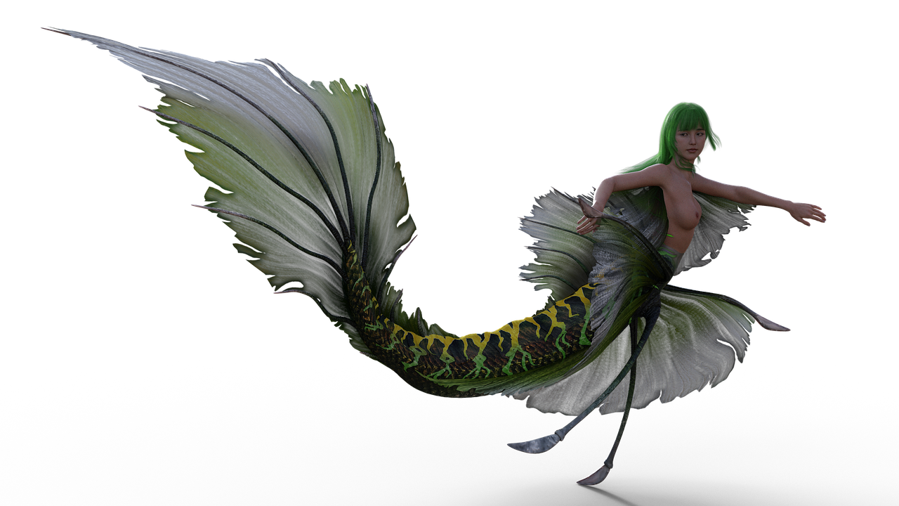 a woman with green hair is flying in the air, a 3D render, inspired by Sakai Hōitsu, merfolk riding seahorses, with a black background, mermaid tail, daz3d