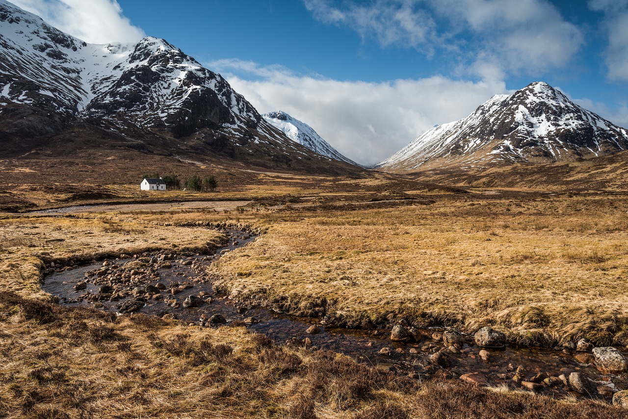 a small stream running through a dry grass field, a tilt shift photo, by Andrew Robertson, featured on pixabay, minimalism, scottish highlands, small cottage in the foreground, snowy mountains, by joseph binder