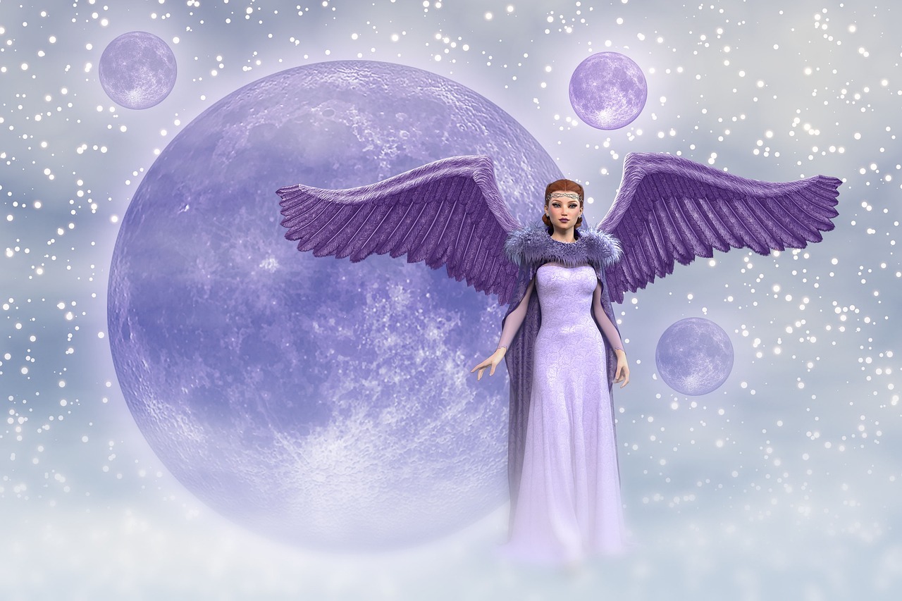 an angel standing in front of a full moon, digital art, violet planet, full length shot, queen of winter, themed on the stars and moon