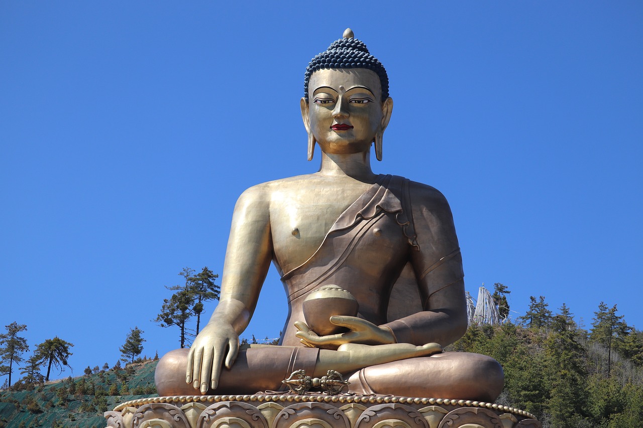 a large statue sitting on top of a lush green hillside, a statue, cloisonnism, the buddha, bhutan, attractive and good looking, complete body view