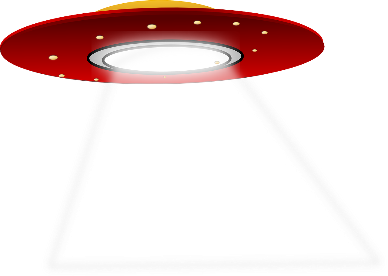 a red flying saucer with a light coming out of it, pixabay, light and space, background is white and blank, search lights, cone, two aliens around