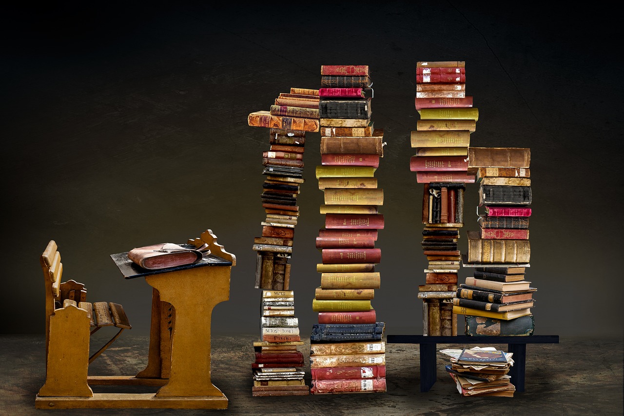 a number of books stacked on top of each other, a portrait, by Kurt Roesch, shutterstock, assemblage, podium, old furnitures, on a dark background, bruegels the tower of babel