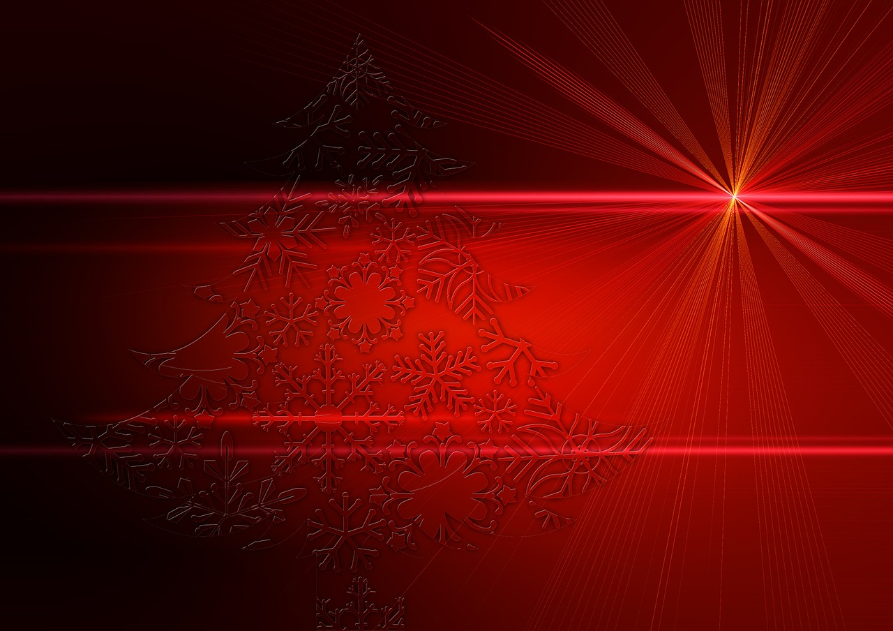 a red christmas tree on a red background, digital art, illuminated lines, laser blasts, colorful dark vector