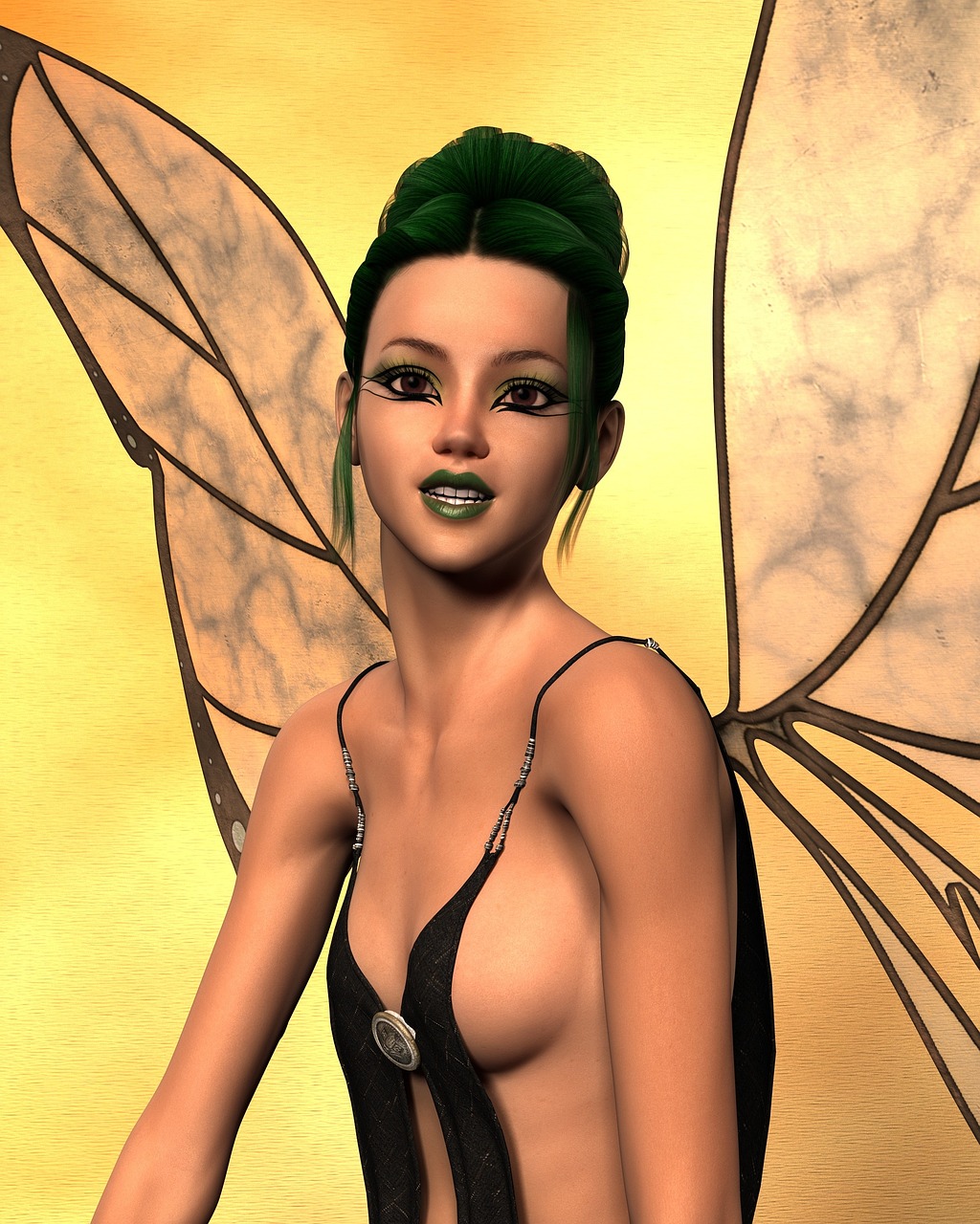 a 3d image of a woman dressed as a fairy, inspired by Sakai Hōitsu, fantasy art, tanned skin, green and black hair, closeup!!, manic pixie dream girl