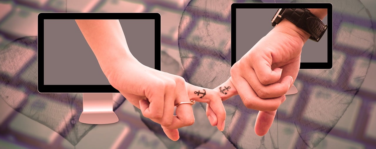a couple holding hands in front of a computer screen, shutterstock, digital art, tattoos and piercings, with anchor man and woman, diptych, point finger with ring on it