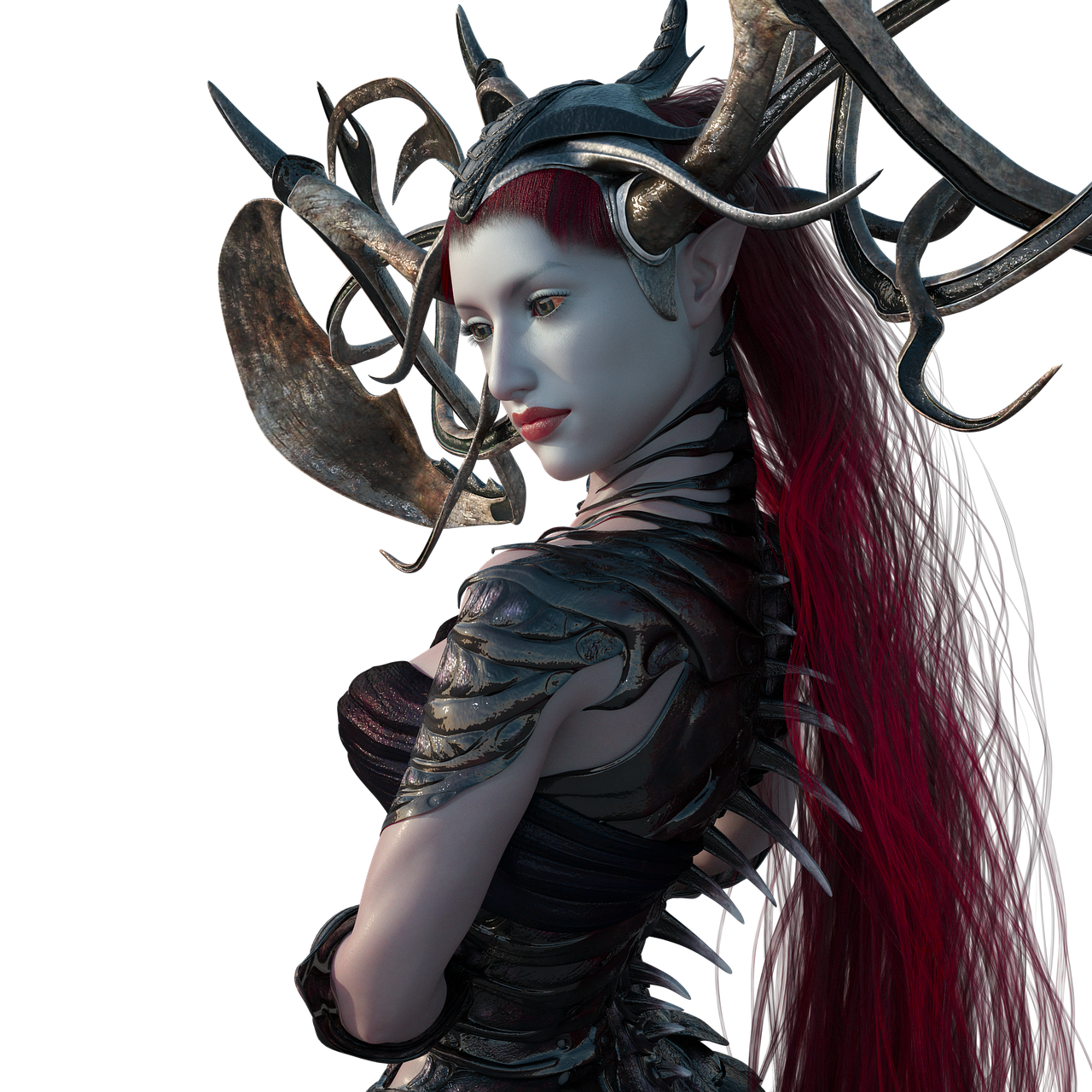 a woman with red hair and horns on her head, fantasy art, stylized as a 3d render, dark fantasy detailed, young woman with antlers, armor style of giger