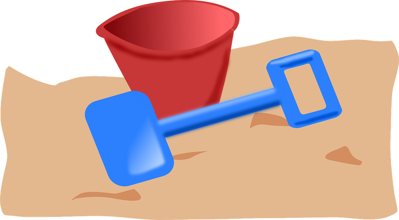 a blue shovel and a red bucket in the sand, a digital rendering, pixabay, children\'s illustration, holding a bell, closed swimsuit, brick