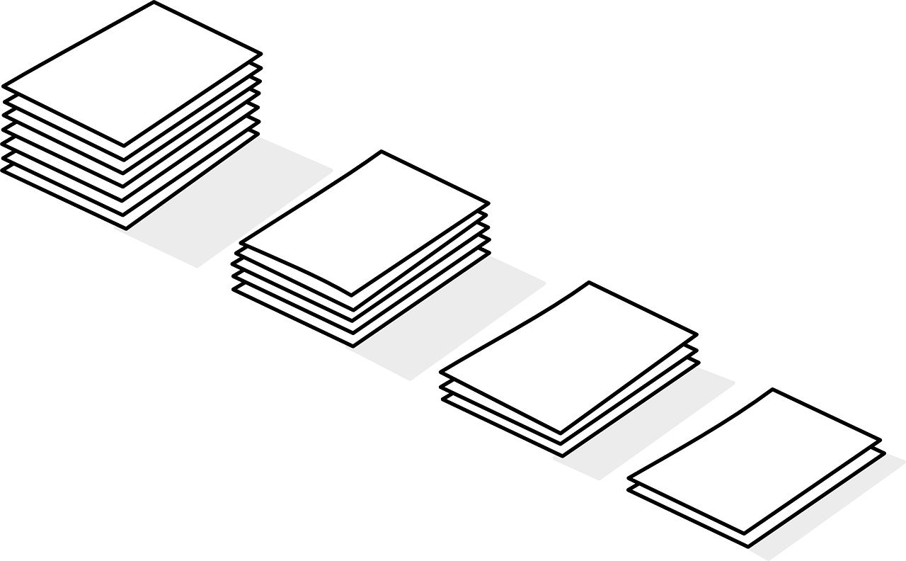 a stack of books sitting on top of each other, an illustration of, digital art, isometric views, lined up horizontally, photocopied, illustration black outlining