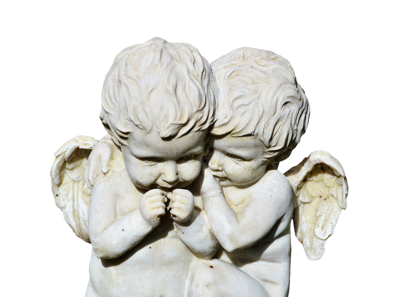 a close up of a statue of two angels, a marble sculpture, romanticism, high detail product photo, cherub, on black background, lovely kiss