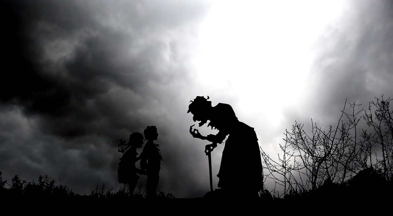a couple of people standing on top of a hill, a picture, by Zoltán Joó, flickr, romanticism, the three fates, goth family, kara walker, 28mm dramatic photo