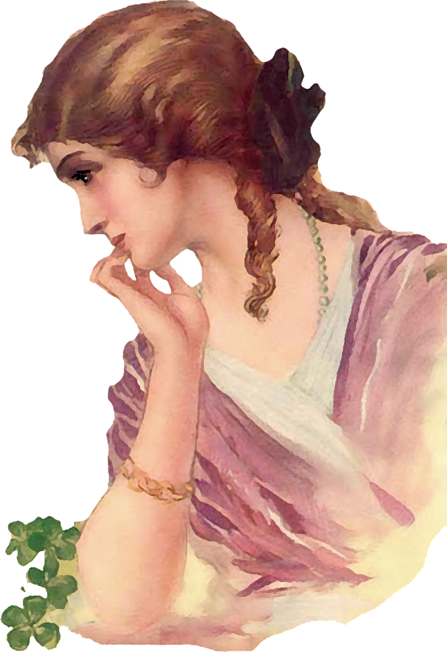 a painting of a woman with a flower in her hand, an art deco painting, by Elizabeth Shippen Green, art nouveau, gaston bussiere. blond braid, distant thoughtful look, greek myth digital painting, hand on her chin