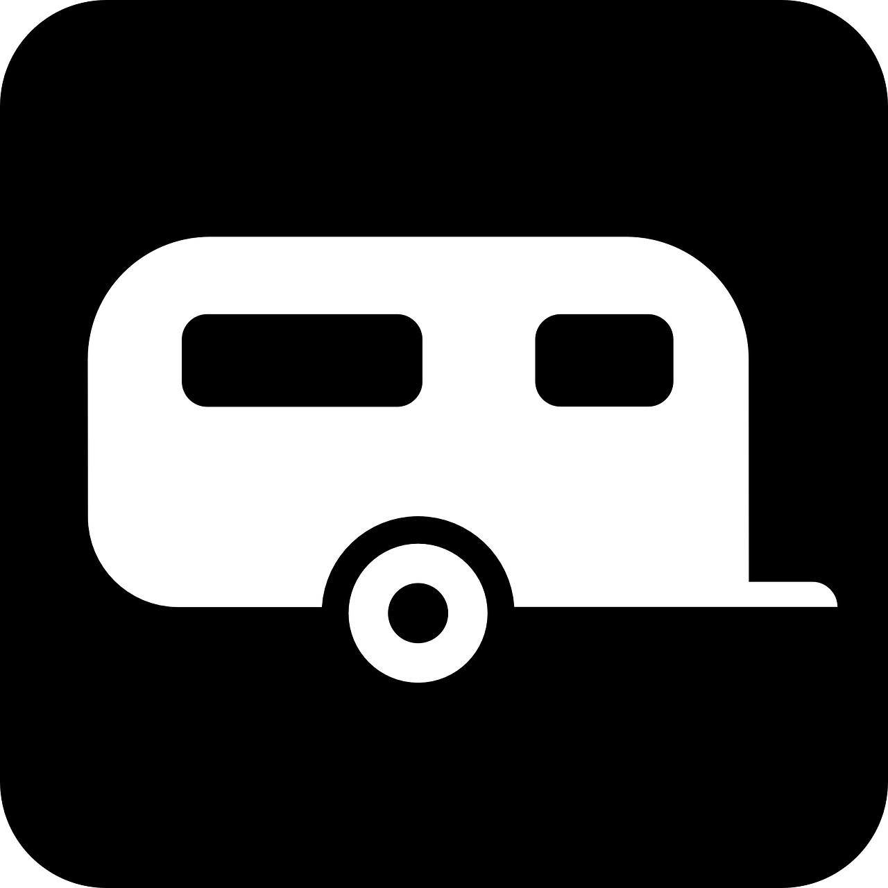 a black and white picture of a trailer, vector art, by Andrei Kolkoutine, pixabay, flat icon, white font on black canvas, tourist destination, uncompressed png