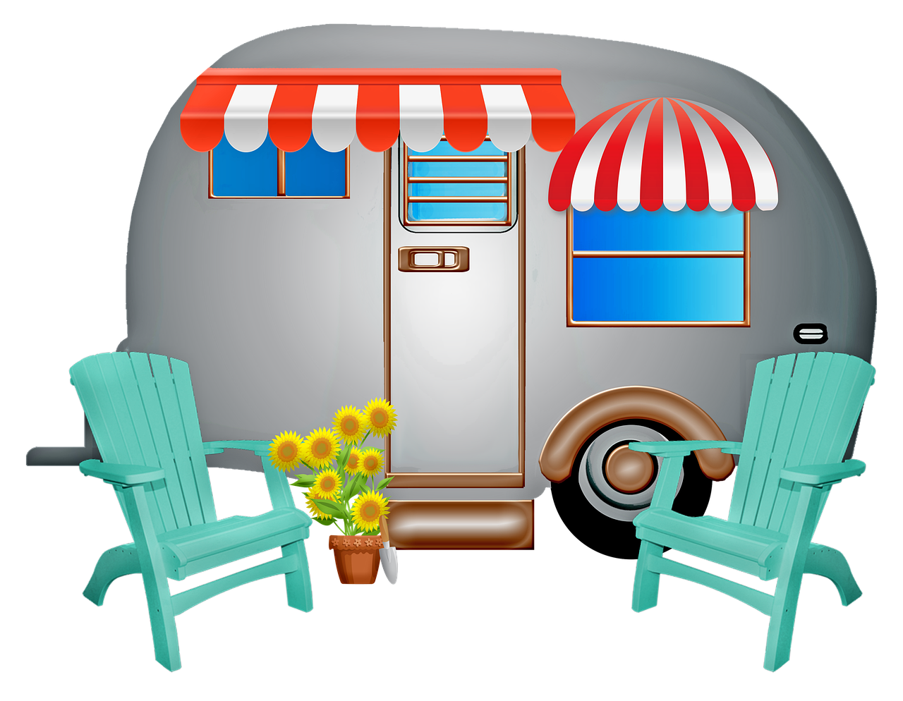 a camper trailer with two chairs and a flower pot, pixabay contest winner, awnings, 5 0 s, profile picture, google images