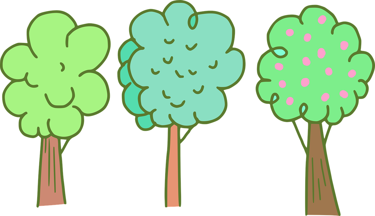 a group of trees with faces drawn on them, inspired by Masamitsu Ōta, pixabay, cotton candy bushes, green apples, three fourths view, simple cartoon style