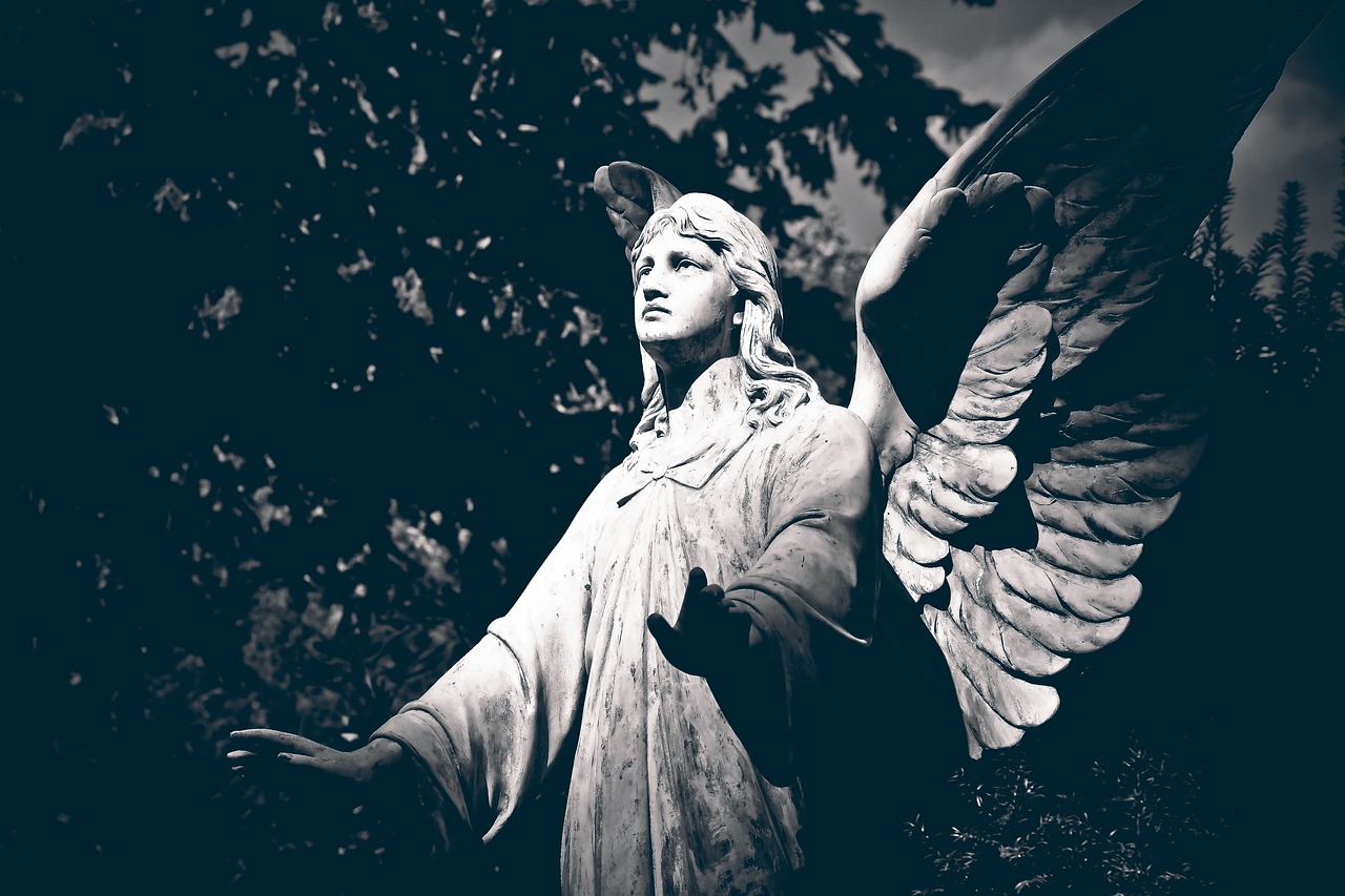 a black and white photo of a statue of an angel, pixabay, big white glowing wings, on his left hand, a dark, biblically acurate angel