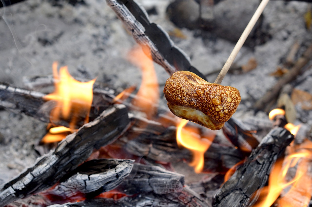 a close up of a hot dog on a stick over a fire, by David Garner, hurufiyya, snail shell, advanced technique, cheesy, picnic