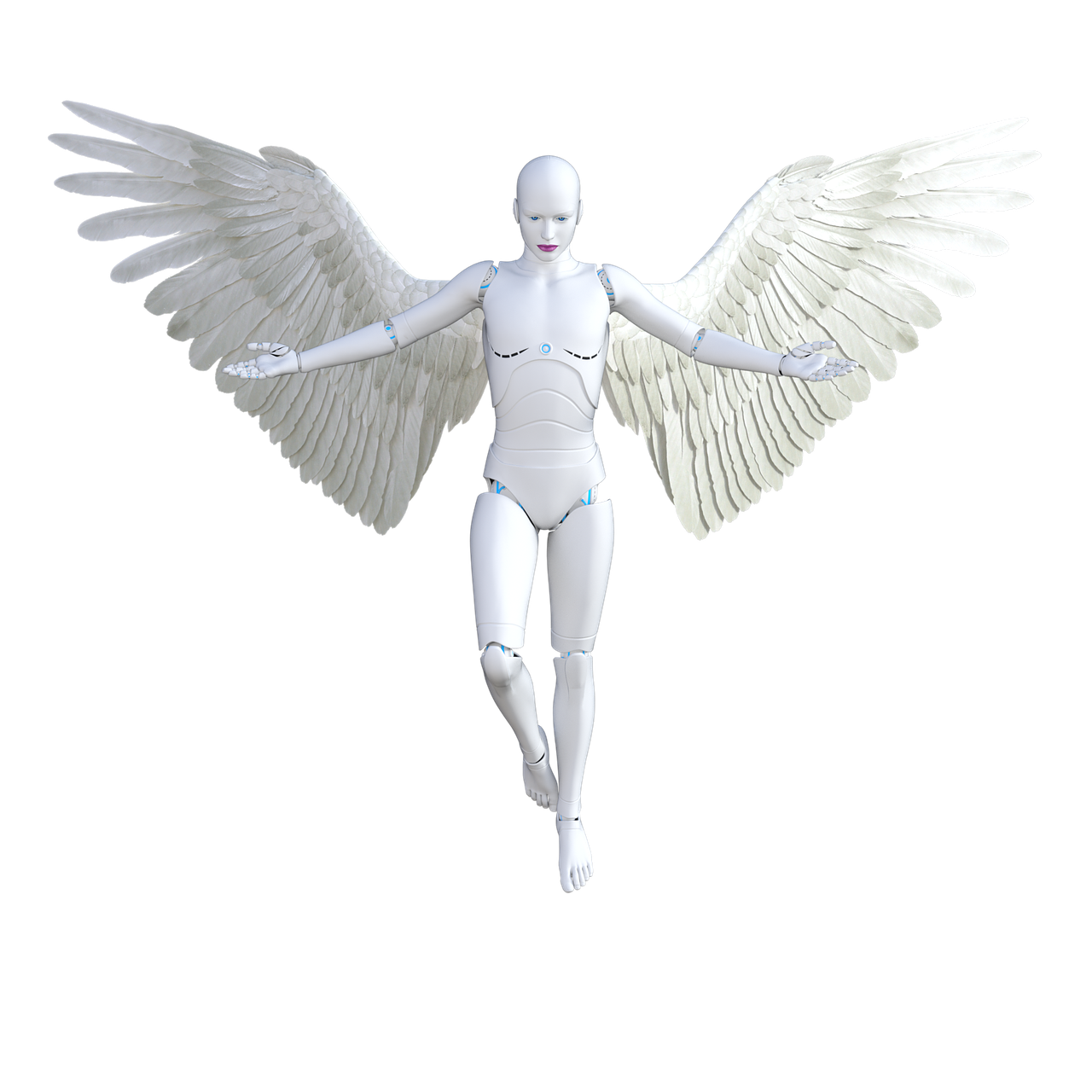 a white statue of an angel on a black background, by Robert Jacobsen, digital art, biometric humanoid robot, character is flying, full body frontal view, above view