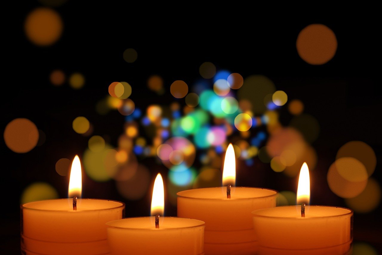 a group of three lit candles sitting on top of a table, digital art, shutterstock, dark bokeh in background, profile pic, 4 0 9 6, floating candles