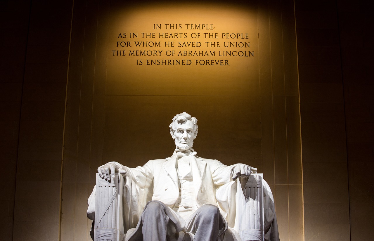 a statue of abraham lincoln in the lincoln memorial, a statue, by Scott M. Fischer, shutterstock, sitting on a stone throne, illuminated, handwritten, door