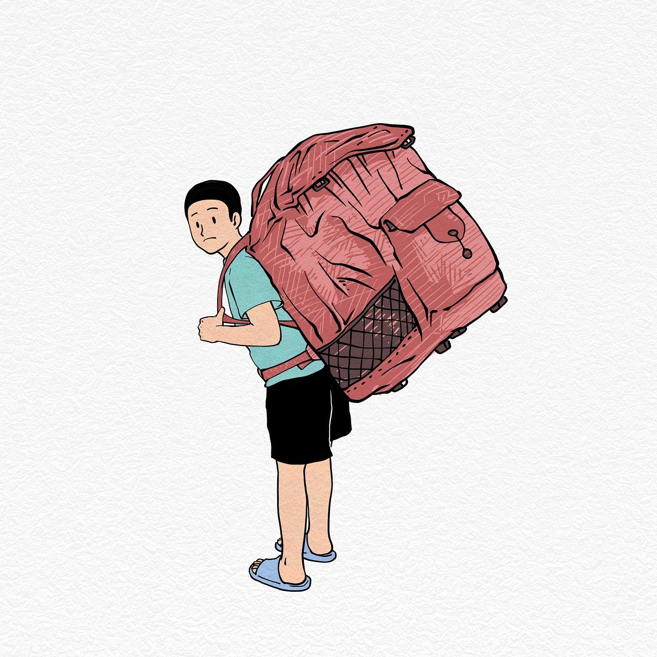 a man with a backpack on his back, an illustration of, by Kim Jeong-hui, shutterstock, happening, luggage, colorized, yihao ren, remove