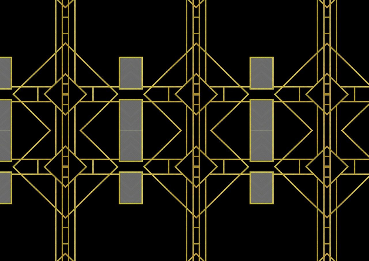 a black and gold pattern with squares and rectangles, a digital rendering, inspired by Richard Wright, art deco, stanchions, stained glass, simple path traced, doors