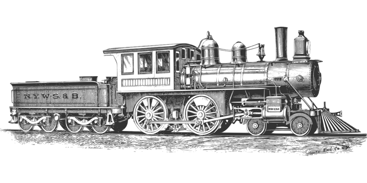 a black and white drawing of a train, a digital rendering, zbrush central, digital art, highly detailed # no filter, engraved highly detailed, colorized background, preserved historical