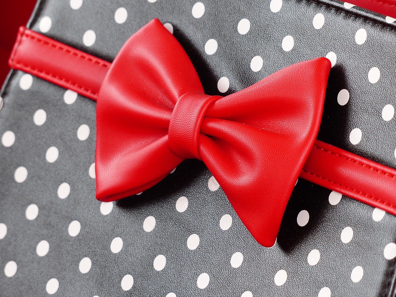 a red bow tie sitting on top of a polka dot bag, by Zofia Stryjenska, pixabay, black leather garment, close-up from above, red hairband, close-up product photo