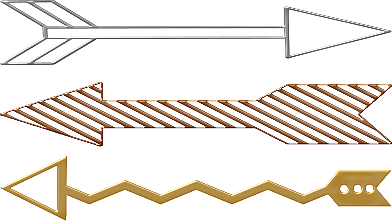 four different types of arrows on a black background, a digital rendering, inspired by János Saxon-Szász, gold belt, ( ( ( copper ) ) ) wire whiskers, virtuosic level detail, medal