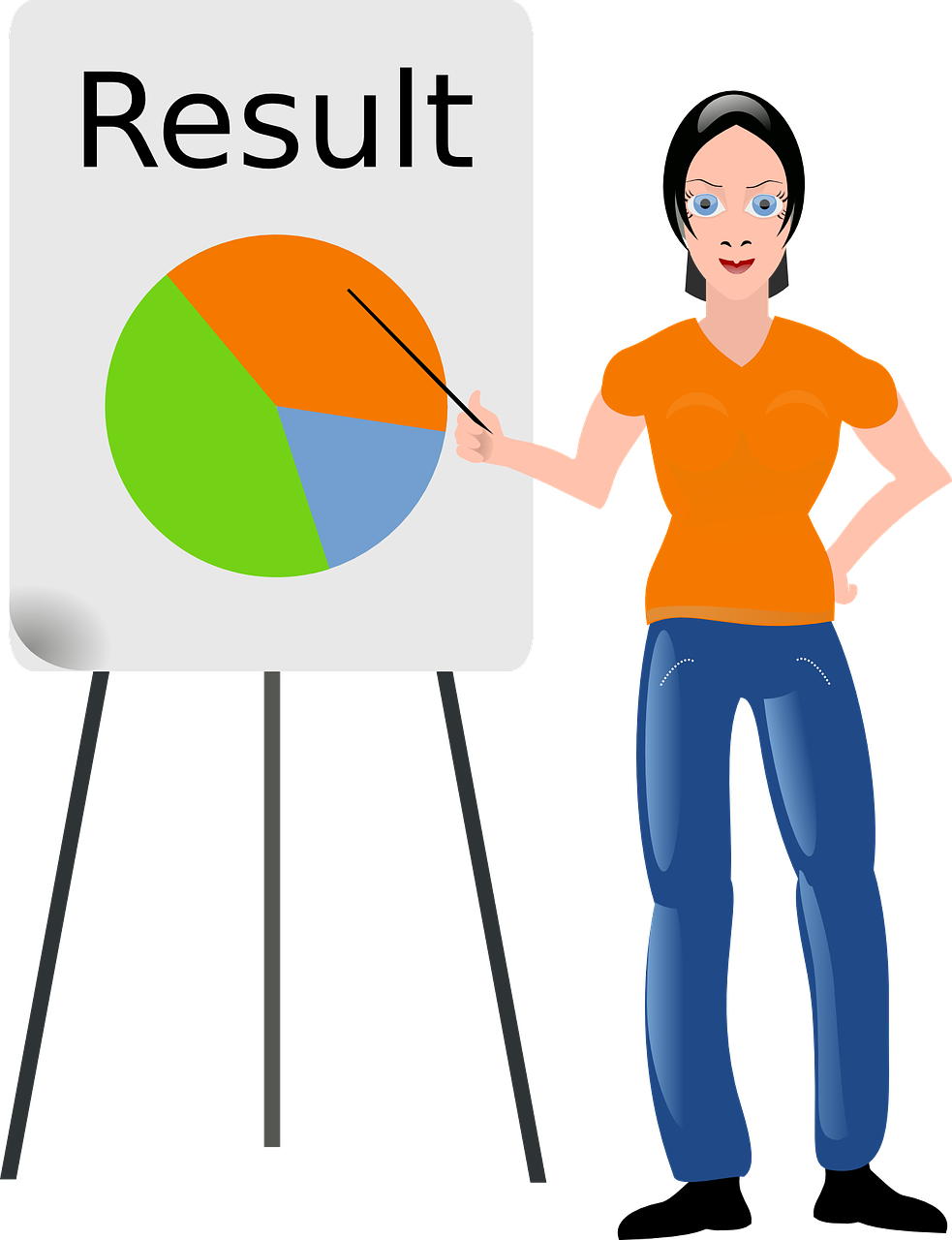 a woman standing next to a white board with a pie chart on it, a diagram, by Mirko Rački, pixabay, academic art, with a black background, clip art, resort, resolve