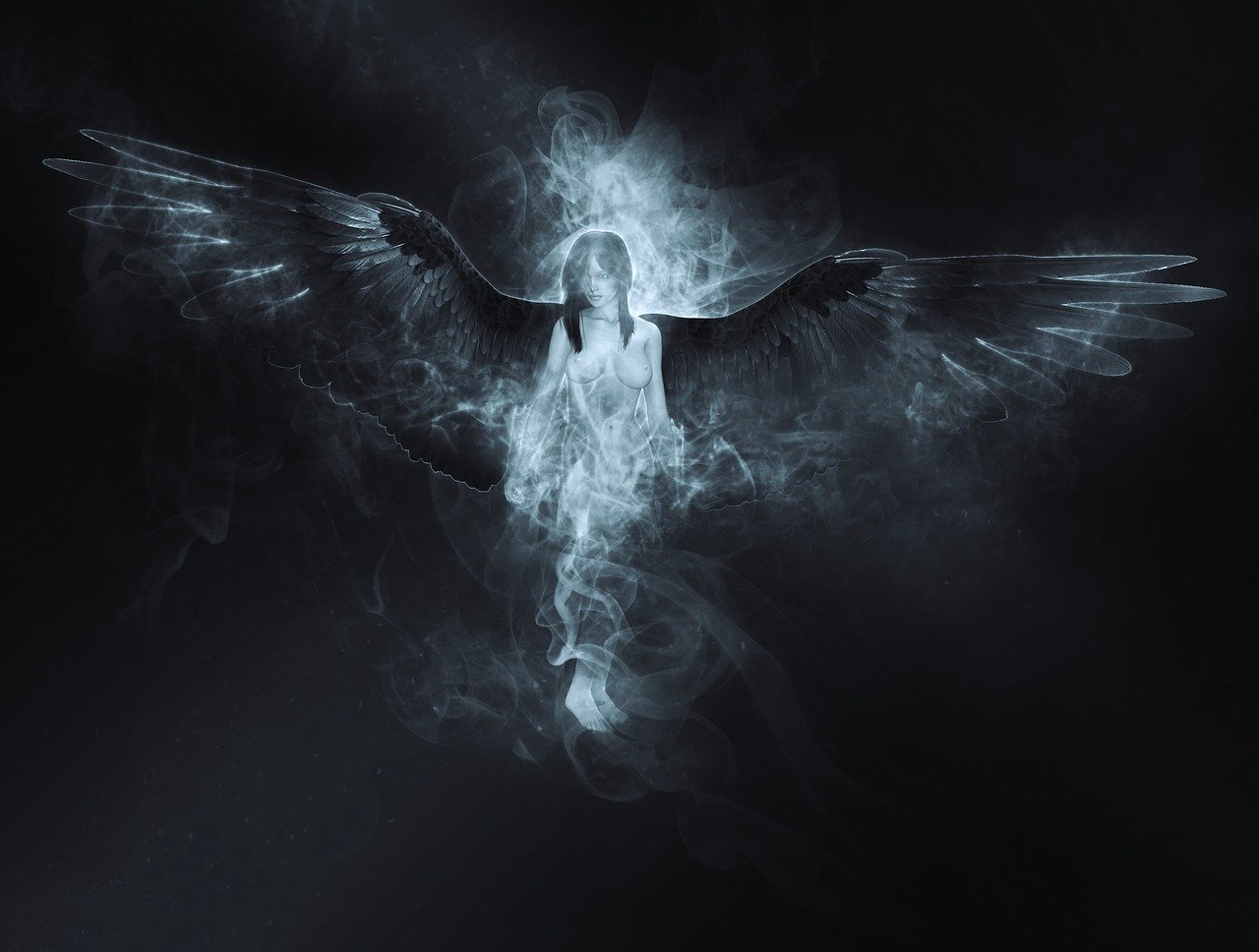 a black and white photo of an angel, by Eugeniusz Zak, digital art, dark and smokey background, satanism, dark tenebrous blue background, ''wallpaper of a phoenix