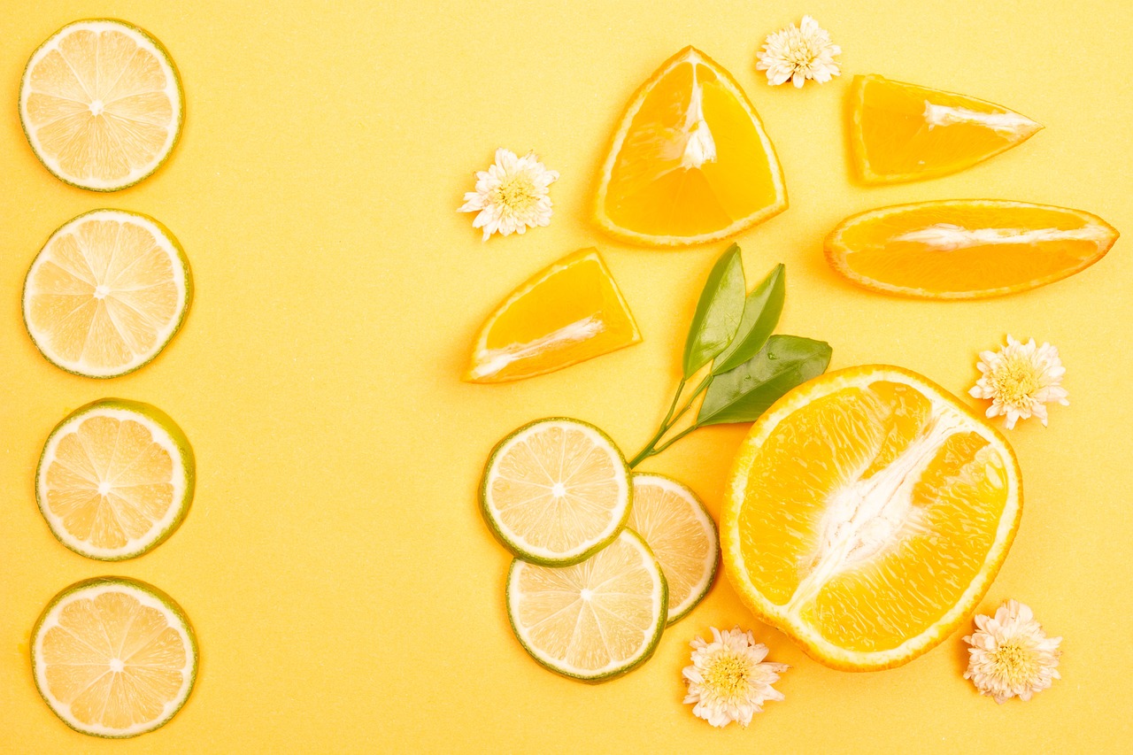 sliced oranges, limes, and flowers on a yellow background, profile picture 1024px, background image, smooth in _ the background, banner