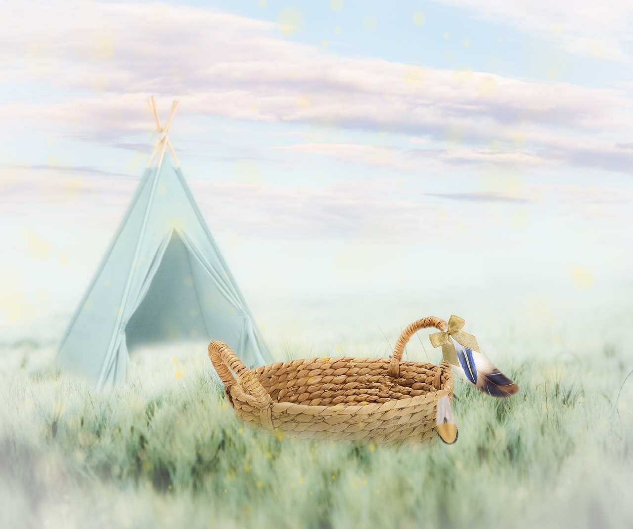 a basket that is sitting in the grass, a storybook illustration, shutterstock contest winner, conceptual art, ancient interior tent background, feathers texture overlays, high quality fantasy stock photo, toy commercial photo