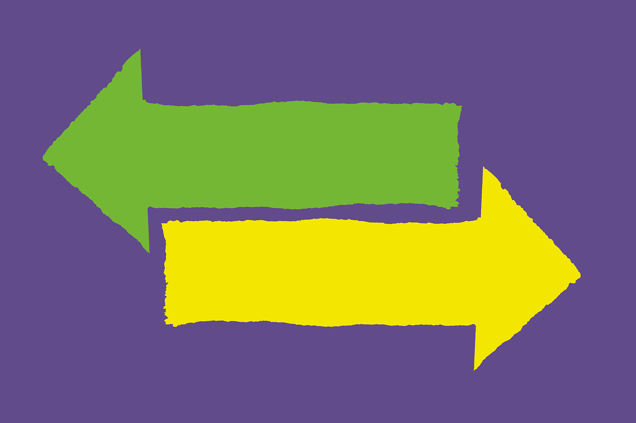 two green and yellow arrows pointing in opposite directions, by Sam Havadtoy, purple, banner, reduced colors, drawn