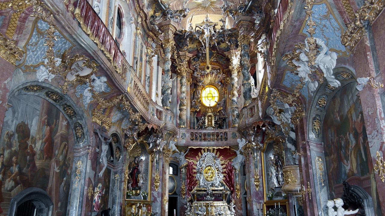 a church with a clock in the middle of it, baroque, choir, albert kiefer, many treasures, artwork ”