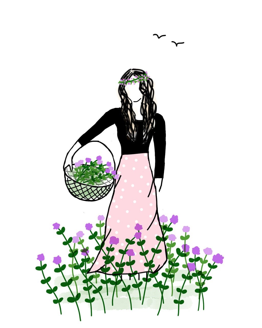 a drawing of a woman holding a basket of flowers, a picture, naive art, field of flowers background, herbs, simple and clean illustration, verbena