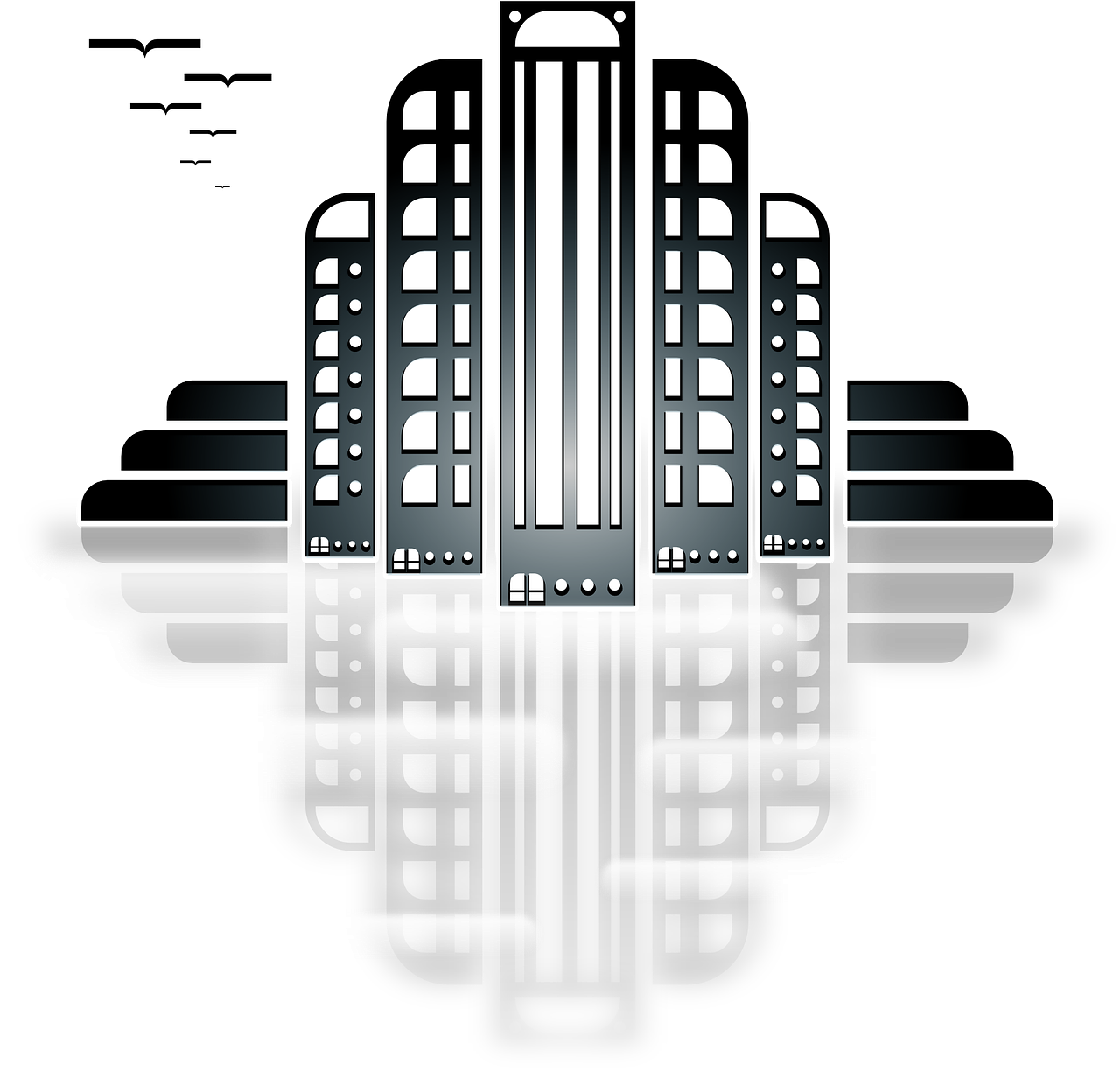 a black and white photo of a tall building, concept art, inspired by Ricardo Bofill, pixabay contest winner, art deco, drawn in microsoft paint, reflection of led lights, svg comic style, skyline showing