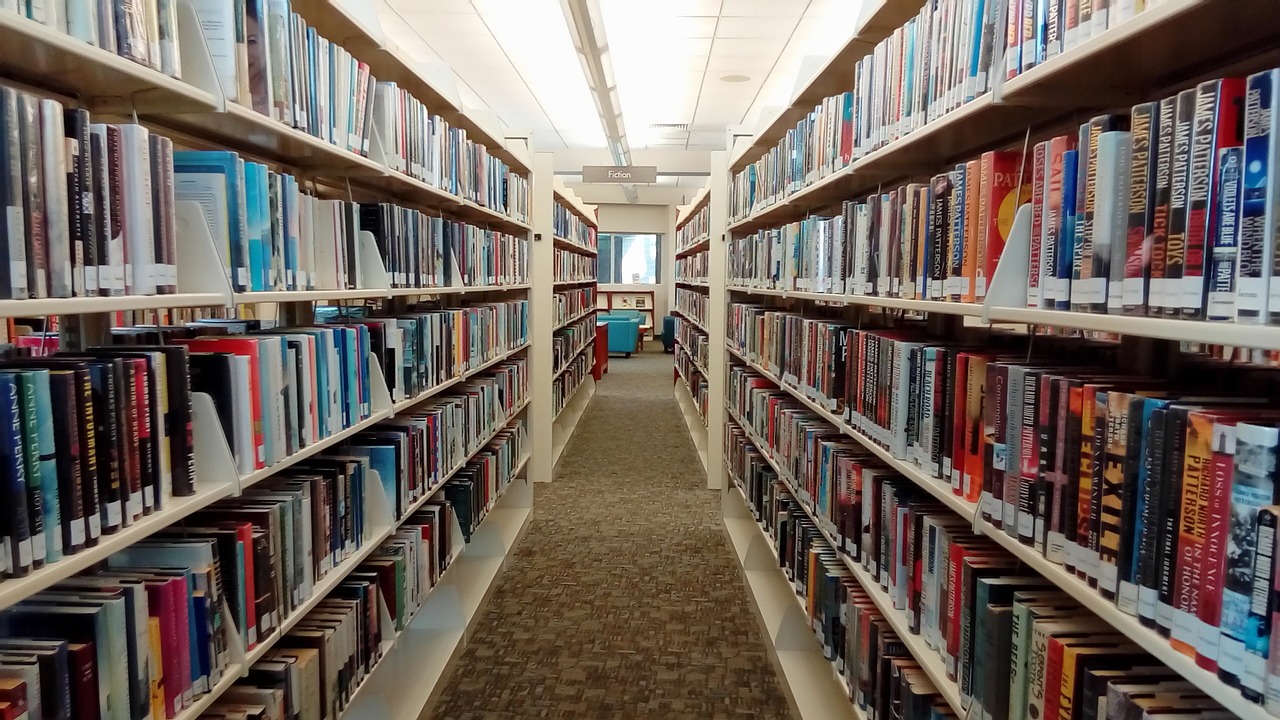 a long row of books on shelves in a library, reddit, looking away from the camera, floor b2, n - 6, well edited