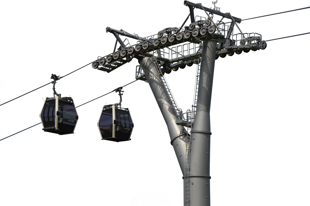 a couple of gondolas sitting on top of a metal pole, a digital rendering, by Werner Gutzeit, flickr, point cloud, london eye, 4 k detail, deep space super structure