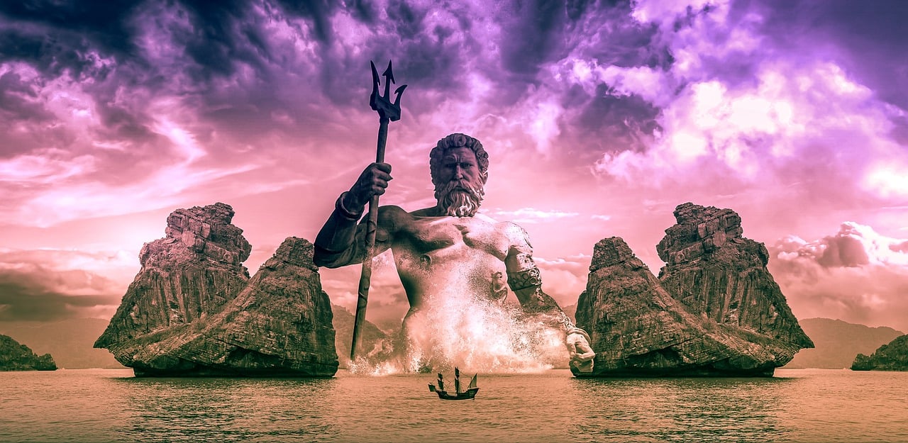 a statue in the middle of a body of water, by Wayne England, digital art, epic scene of zeus, purple water, the photo was taken from a boat, amazing contrasting background