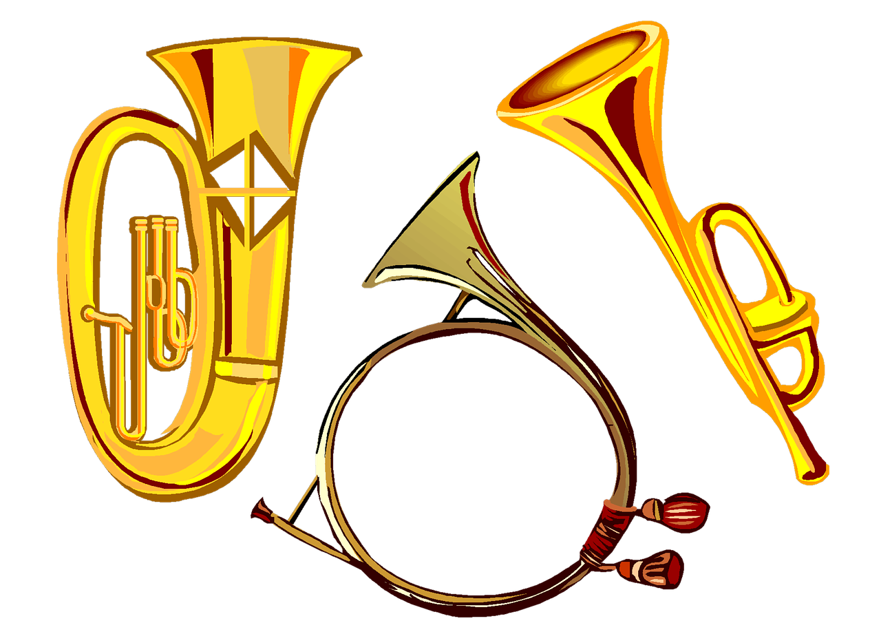 a group of musical instruments sitting next to each other, by David B. Mattingly, trending on pixabay, art nouveau, golden shapes, 3 band lineup, animal horn, logo without text