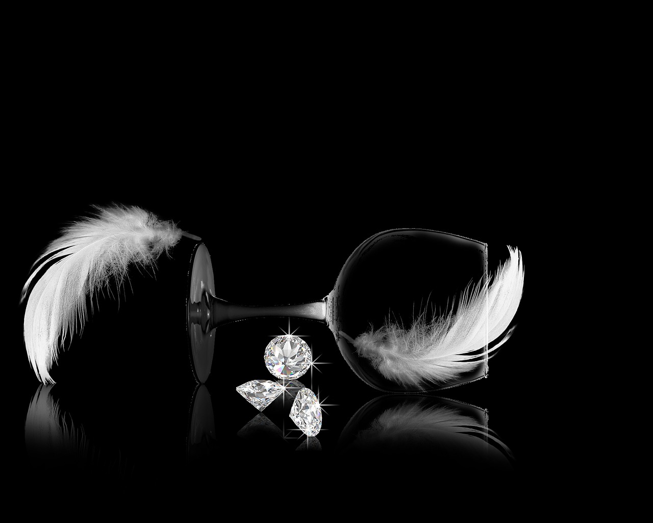 a pair of earrings sitting on top of a table, by Dimitre Manassiev Mehandjiysky, trending on cg society, wine glass, white feathers, diamond, 15081959 21121991 01012000 4k