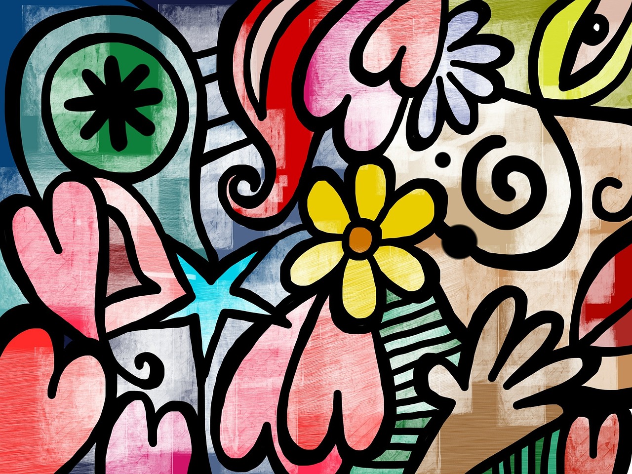 a painting of a bunch of flowers in a vase, by Romero Britto, trending on pixabay, toyism, 4 k detail, graffiti _ background ( smoke ), mixed media style illustration, detail shot